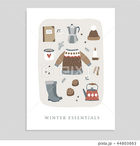 Cute Christmas greeting card, invitation with winter essential food and lifestyle icons. Knitted Cute Christmas greeting card, invitation with winter essential food and lifestyle icons. Knitted 44803663