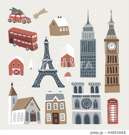 Set of cute winter city, town and village icons. Hand drawn houses, church, Eiffel and Big Ben tower Set of cute winter city, town and village icons. Hand drawn houses, church, Eiffel and Big Ben tower 44803668