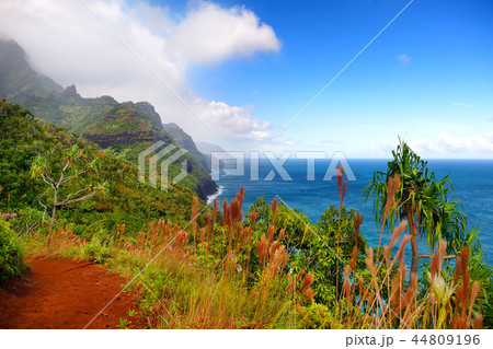 View of famous Kalalau trail along Na Pali coast View of famous Kalalau trail along Na Pali coast 44809196