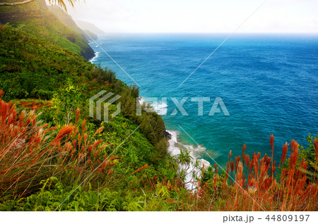 View of famous Kalalau trail along Na Pali coast View of famous Kalalau trail along Na Pali coast 44809197