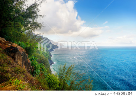 View of famous Kalalau trail along Na Pali coast View of famous Kalalau trail along Na Pali coast 44809204