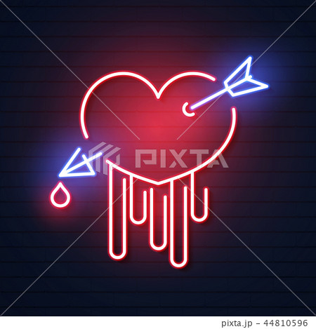 Neon sign, heart with arrow on dark background . Neon sign, heart with arrow on dark background . 44810596