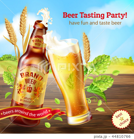 realistic colorful background with brown bottle of beer, promotion banner with glass of frothy realistic colorful background with brown bottle of beer, promotion banner with glass of frothy 44810766