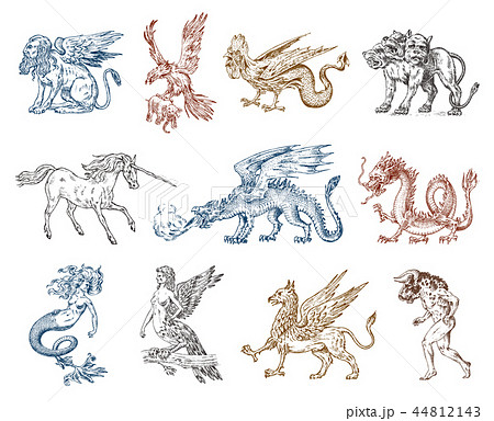 Set of Mythological animals. Mermaid Minotaur Unicorn Chinese dragon Cerberus Harpy Sphinx Griffin 44812143
