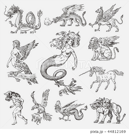 Set of Mythological animals. Mermaid Minotaur Unicorn Chinese dragon Cerberus Harpy Sphinx Griffin 44812169