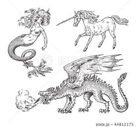 Set of Mythological animals. Mermaid Unicorn Chinese dragon Basilisk Woman. Greek creatures 44812173
