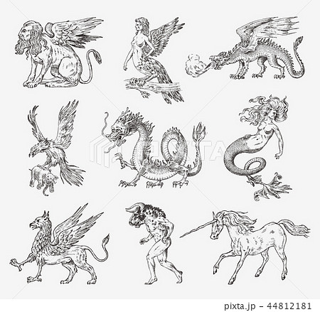 Set Of Mythological Animals Mermaid Minotaur のイラスト素材