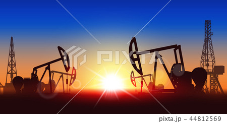 Creative vector illustration of oil pump industry silhouette, field pumpjack, rig drill over sunset 44812569