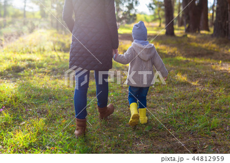 Young mother holding her kid's hand while walking in the forest 44812959