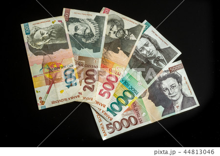 Collection of tolar bills of Slovenia, obsolete currency, no longer in use 44813046
