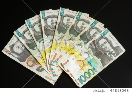 Collection of tolar bills of Slovenia, obsolete currency, no longer in use 44813048