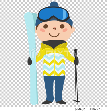 男の子のイラスト スキー板とストックを持って ウィンタースポーツのスキーをしようとしている のイラスト素材