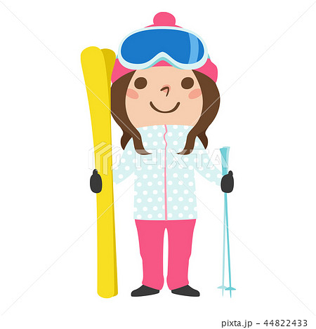 女の子のイラスト スキー板とストックを持って ウィンタースポーツの