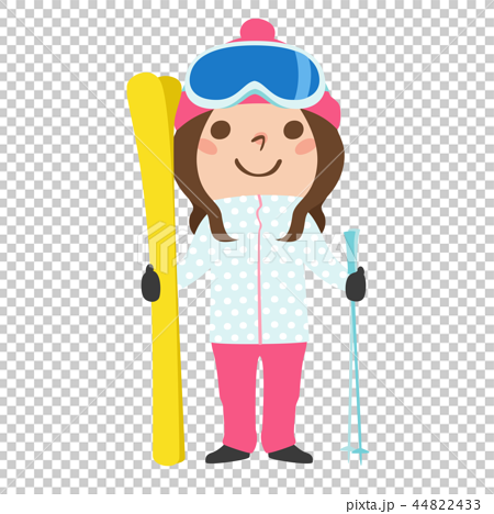 女の子のイラスト スキー板とストックを持って ウィンタースポーツのスキーをしようとしている のイラスト素材