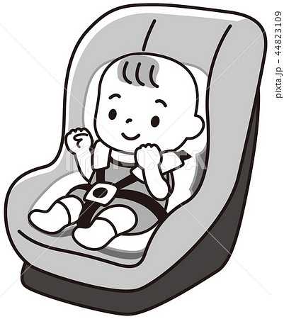 チャイルドシートに乗った赤ちゃん 白黒のイラスト素材