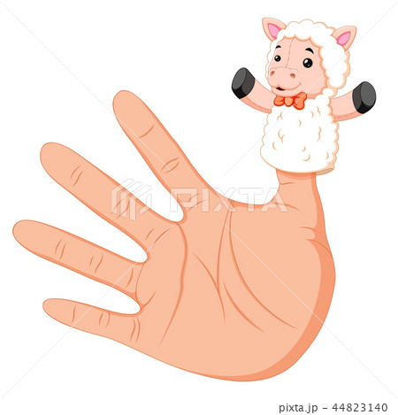 hand wearing a white sheep finger puppet on thumb 44823140