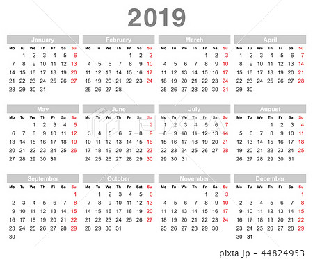 2019 year annual calendar (Monday first, English) 44824953