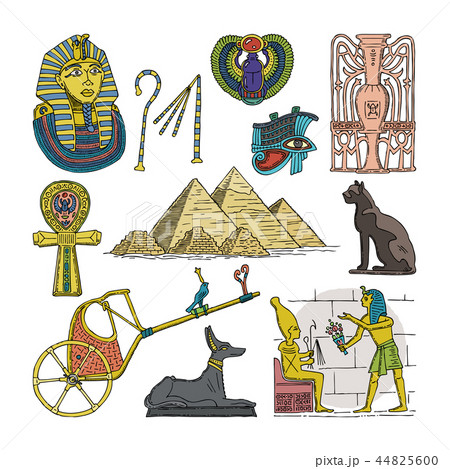 Egyptian vector ancient pharaoh pyramid sphinx cat statue of Egypt culture historical architecture 44825600