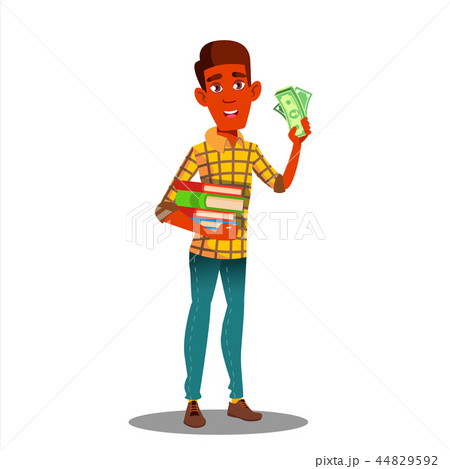 Student Holding Pile Of Books In One Hand And Stack Of Money In The Other Vector. Isolated 44829592