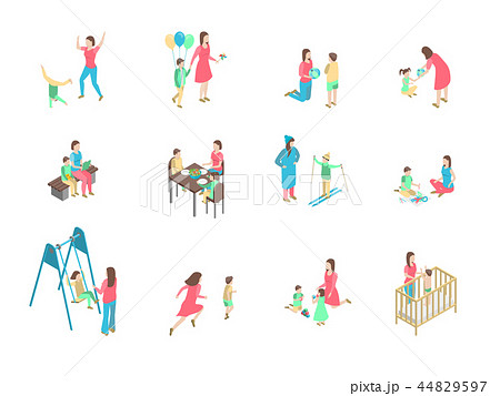 Characters Different Nanny and Children Set 3d Isometric View. Vector 44829597