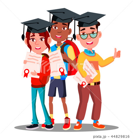 Multinational Group Of Students In Graduation Caps And With Diplomas In Hands Vector. Isolated Multinational Group Of Students In Graduation Caps And With Diplomas In Hands Vector. Isolated 44829816