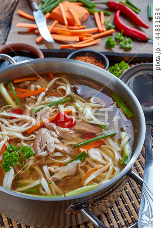duck noodle vegetables soup, top view 44831634