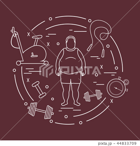 Fat man and different sports equipment 44833709