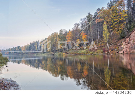 Autumn landscape and red stone cliff of Gauja river, Latvia, Europe. 44834236