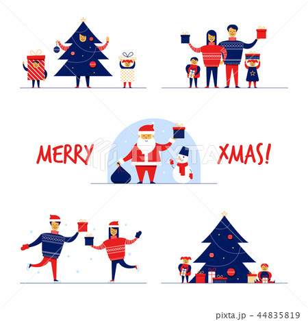 Cartoon flat family characters winter holidays,popular mascots Santa Claus,Snowman-Merry Christmas 44835819