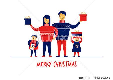 Flat cartoon boy girl family characters Merry Christmas New Year greeting card banner concept.Happy 44835823