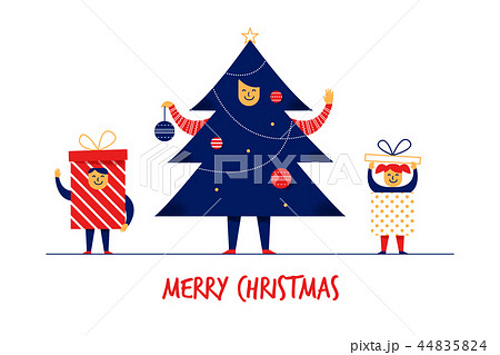 Flat cartoon boy girl family characters Merry Christmas New Year greeting card banner concept.Happy 44835824