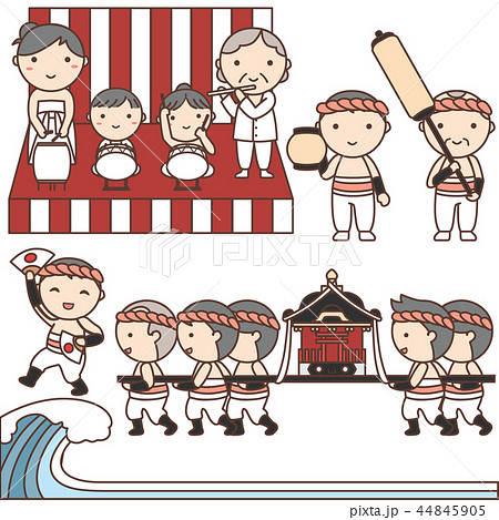 みこしを担いだ男性と演奏する女性 44845905