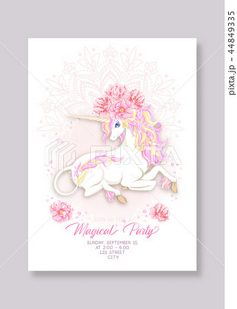 Unicorn And Fantastic Vintage Frame And Flowersのイラスト素材 44849335 Pixta