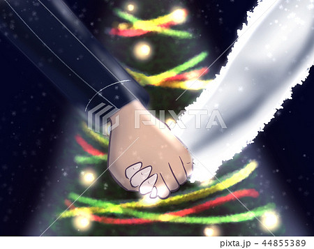 クリスマスツリーと手を繋ぐ恋人イラスト画像 背景雪景色のイラスト素材