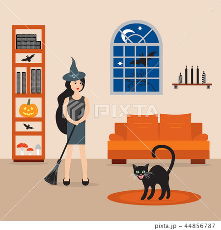 Halloween 2019 Witch with broomstick in the room. Halloween 2019 Witch with broomstick in the room. 44856787