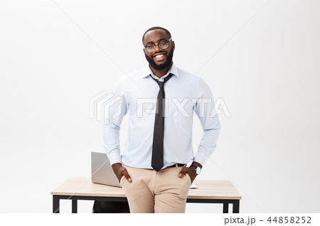 Cheerful big smile from happy executive office workplace isolate over white background 44858252