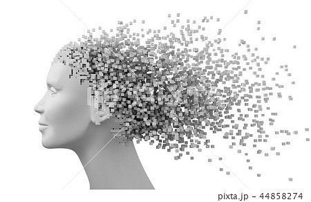 Head Of Woman And 3D Pixels As Hair Isolated On White Background 44858274