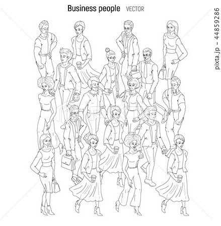 People crowd. Sketch outline black and white style illustration of young men and woman 44859286