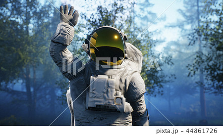 Astronaut's first contact with aliens. Super realistic concept. 3D Rendering Astronaut's first contact with aliens. Super realistic concept. 3D Rendering 44861726