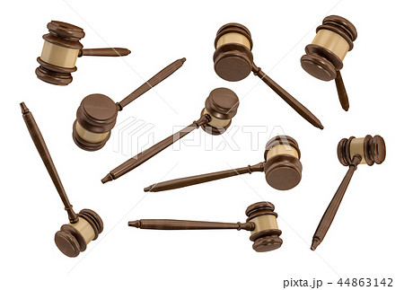 3d rendering of several traditional wooden judge gavels with golden middle hanging in different 44863142