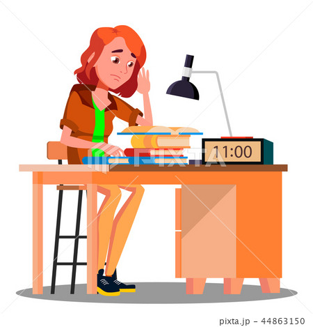 Tired Girl At The Table With Lamp And Book Vector. Isolated Illustration 44863150