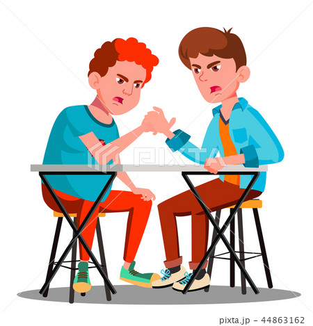 Two Young Strong Men Compete In Arm Wrestling Vector. Isolated Illustration Two Young Strong Men Compete In Arm Wrestling Vector. Isolated Illustration 44863162