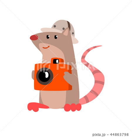 Cute rat taking pictures with a camera, funny animal cartoon character traveling on vacation vector 44863798
