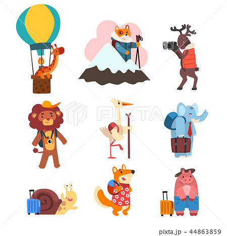 Cute animals cartoon characters traveling on vacation set, wild animals and birds with backpacks and Cute animals cartoon characters traveling on vacation set, wild animals and birds with backpacks and 44863859