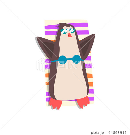 Penguin with sunglasses and bikini sunbathing on the beach, cute bird cartoon character relaxing on 44863915