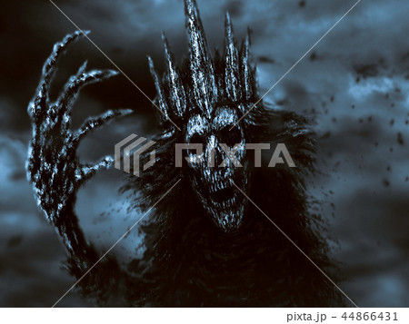 Dark queen pulls bony hand. Blue background 44866431