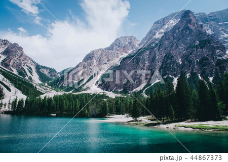 Beautiful view of Lago di Braies or Pragser wildsee, Italy. 44867373