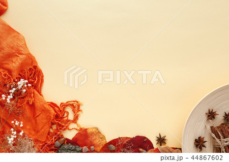 autumn leaves, cinnamon and flowers on yellow background 44867602