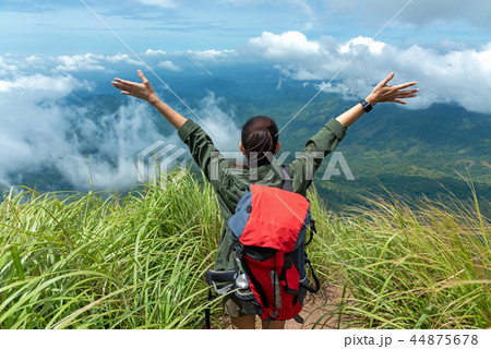 Hiker woman happy feeling freedom good 44875678