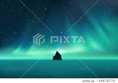 Dark rock against northern lights landscape with stars 44878770